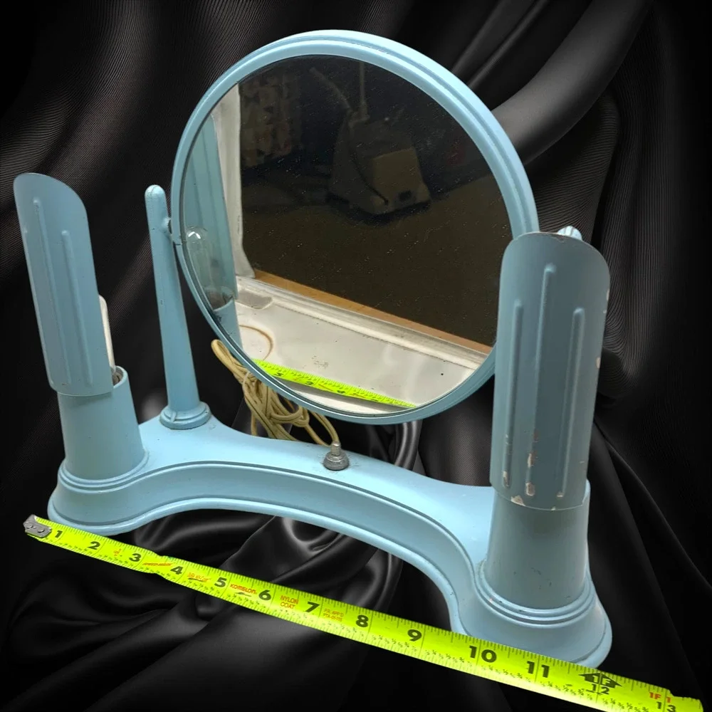 Vintage Bel Ayre Art Deco Boudoir Vanity Mirror Lighted Makeup Powder Blue